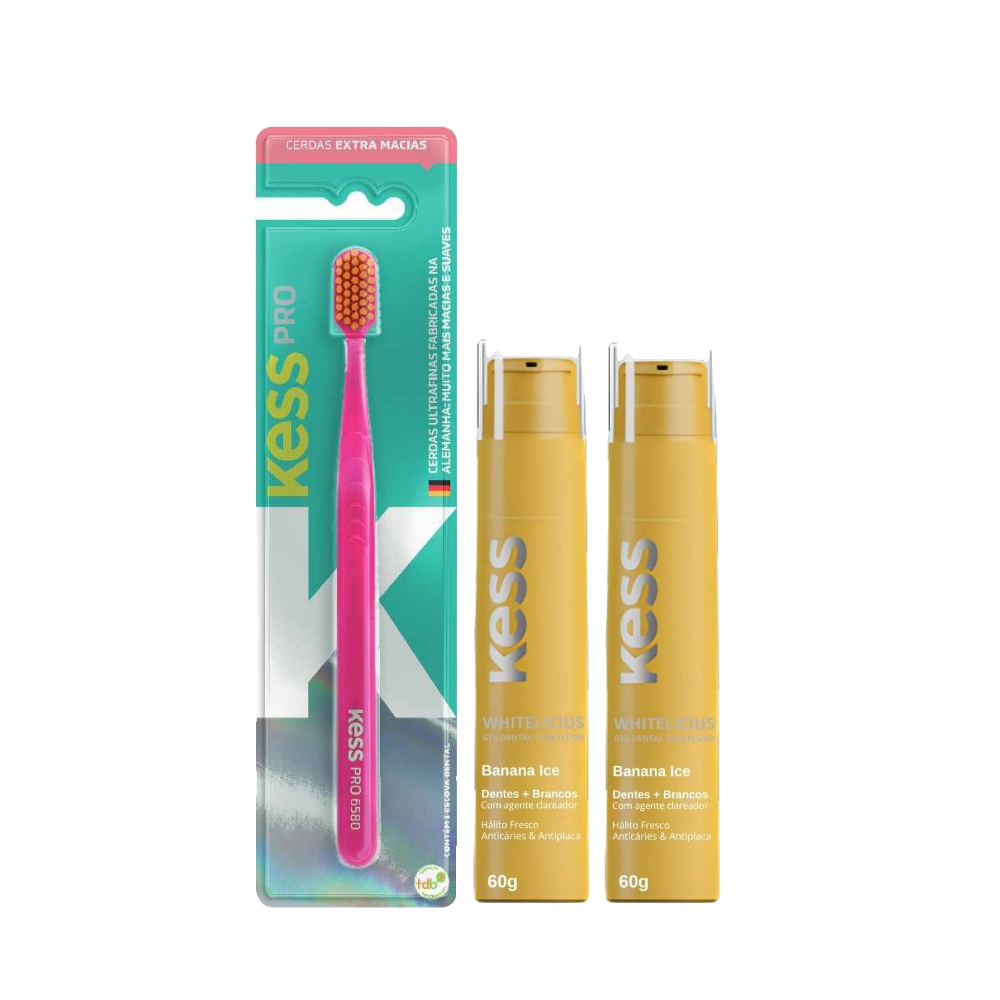 Kit 2 Géis Dentais Kess Whitelicious Banana Ice 60g Grátis Escova Dental Pro Extra Macia Cores Sortidas 1 Unidade