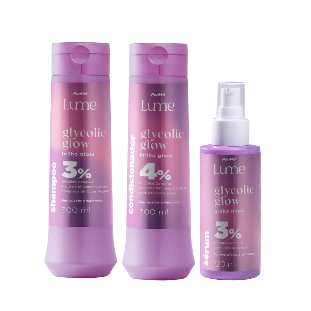 Kit Panvel Shampoo Glycolic Glow Lume 300ml + Condicionador Glycolic Glow Lume 300ml Grátis Sérum Capilar Glycolic Glow Lume 120ml