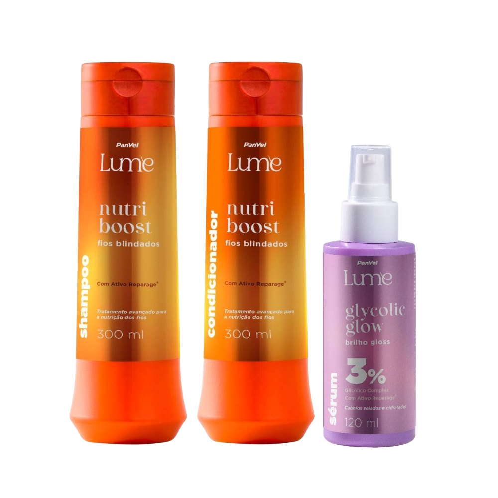 Kit Panvel Shampoo Nutri Boost Lume 300ml + Condicionador Nutri Boost Lume 300ml Grátis Sérum Capilar Glycolic Glow Lume 120ml