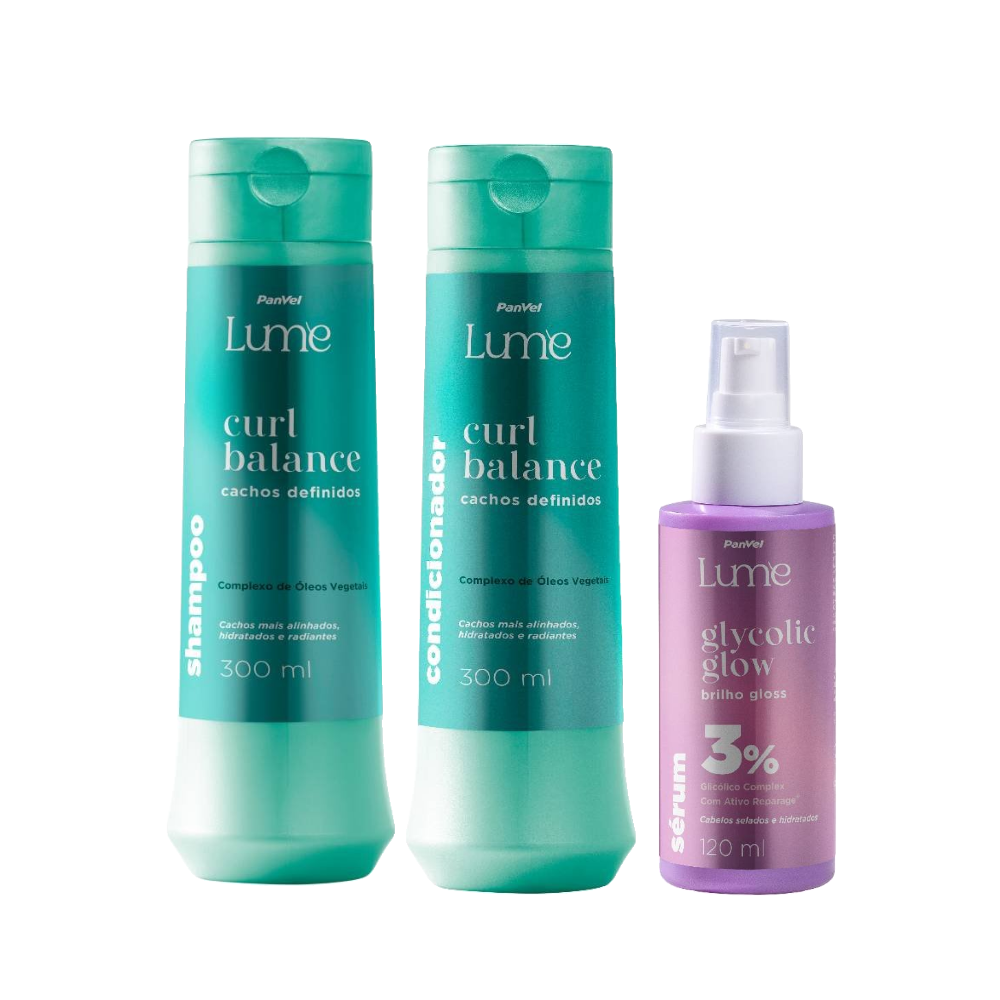 Kit Panvel Condicionador Curl Balance Lume 300ml + Shampoo Curl Balance Lume 300ml Grátis Sérum Capilar Glycolic Glow Lume 120ml