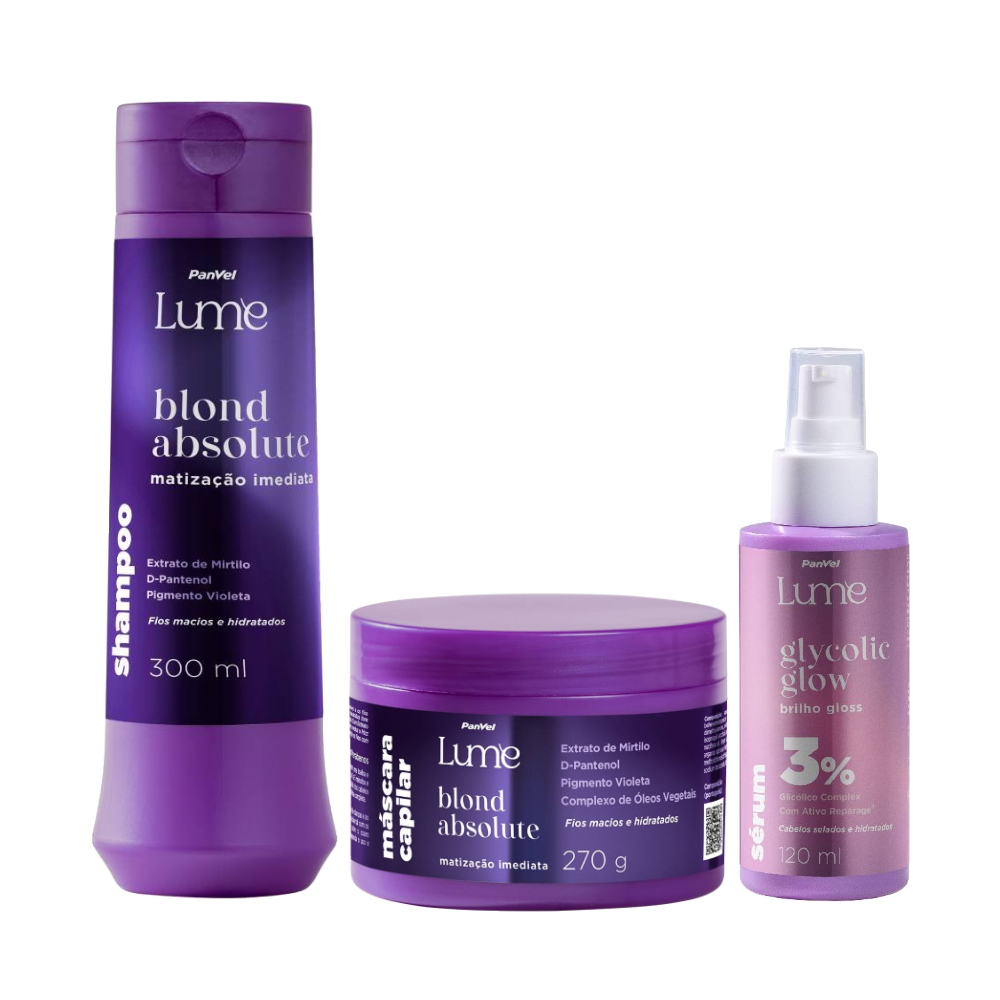 Kit Panvel Shampoo Matizador Blond Absolute Lume 300ml + Máscara Capilar Matizadora Blond Absolute Lume 270g Grátis Sérum Capilar Glycolic Glow Lume 120ml