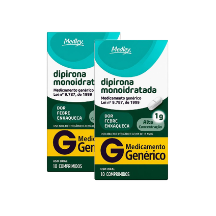 Kit Dipirona Monoidratada 1G 20 Comprimidos Medley Genérico (2 caixas com 10 comprimidos cada)