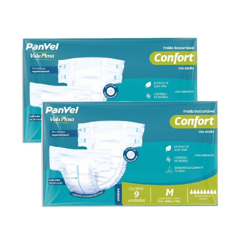 Kit Fralda Adulto Panvel Vida Plena Confort M 18 Unidades (2 Pacotes Com 9 Unidades Cada)