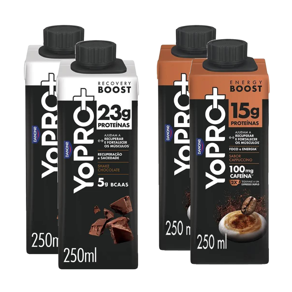 Kit Yopro Bebida Láctea Chocolate 23g Proteína + 5g Bcaas 250ml + Bebida Láctea Energy Boost Cappuccino 15g 250ml 4 Unidades