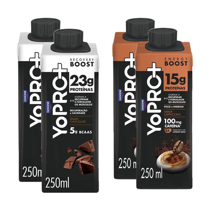 Kit Yopro Bebida Láctea Chocolate 23G Proteína + 5G Bcaas 250Ml + Bebida Láctea Energy Boost Cappuccino 15G 250Ml 4 unidades