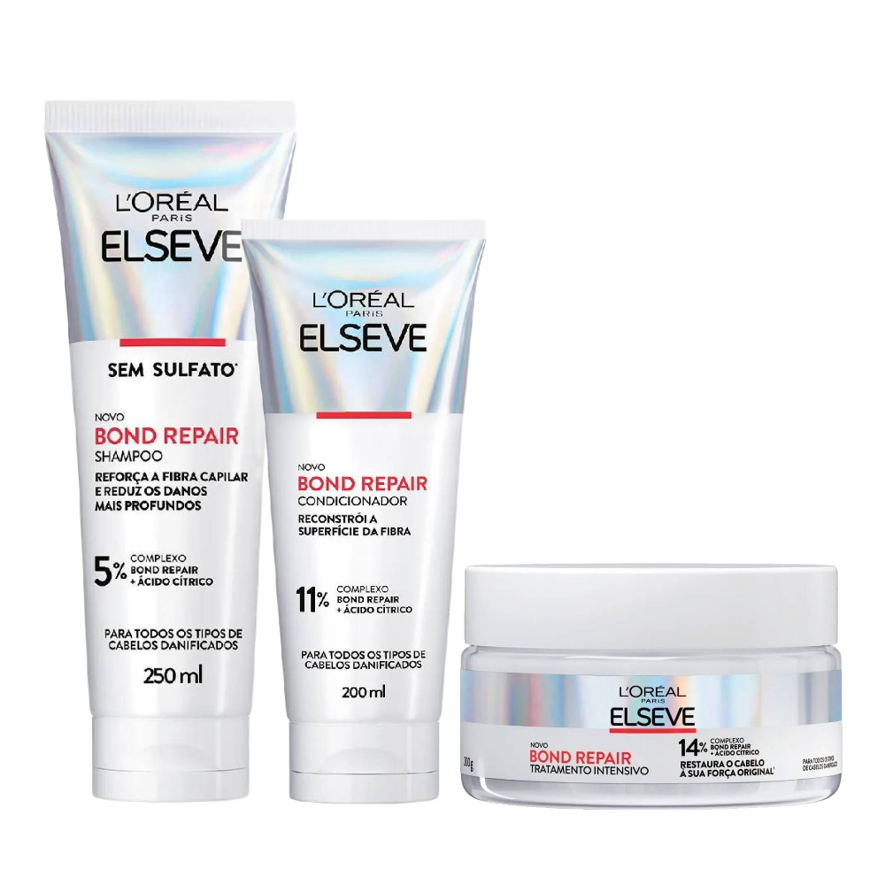 Kit Elseve Máscara De Tratamento Capilar L'oreal Paris Bond Repair 200g + Condicionador 200ml + Shampo 250ml