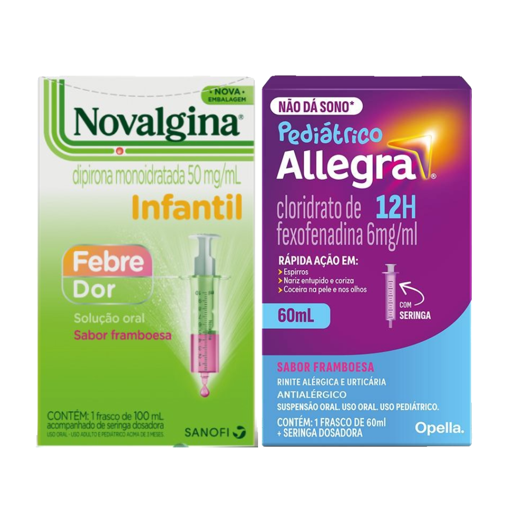 Kit Analgésico E Antitérmico Novalgina Suspensão Infantil Dipirona 50mg/ml Sabor Framboesa 100ml Serin + Antialérgico Allegra Pediátrico 6mg/ml 60ml Com Seringa