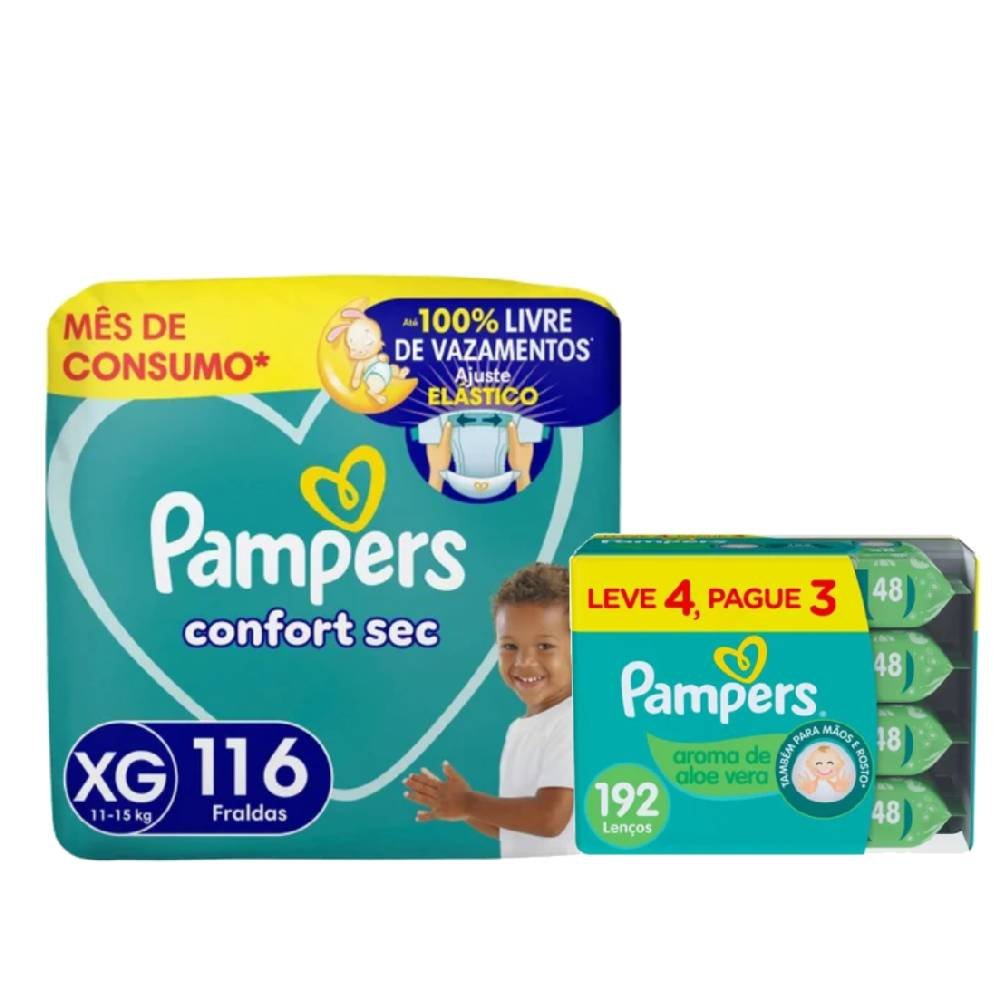 Kit Pampers Fralda Confort Sec Jumbo Xg 116 Unidades + Lenços Umedecidos Aloe Vera Leve 4 Pague 3 Com 48 Unidades