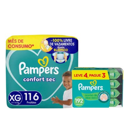 Kit Pampers Fralda Confort Sec Jumbo Xg 116 Unidades + Lenços Umedecidos Aloe Vera Leve 4 Pague 3 Com 48 Unidades