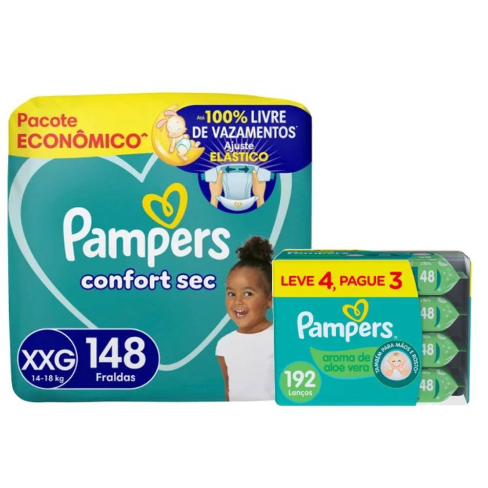 Kit Pampers Fralda Confort Sec Ultra Xxg 148 Unidades + Lenços Umedecidos Aloe Vera Leve 4 Pague 3 Com 48 Unidades