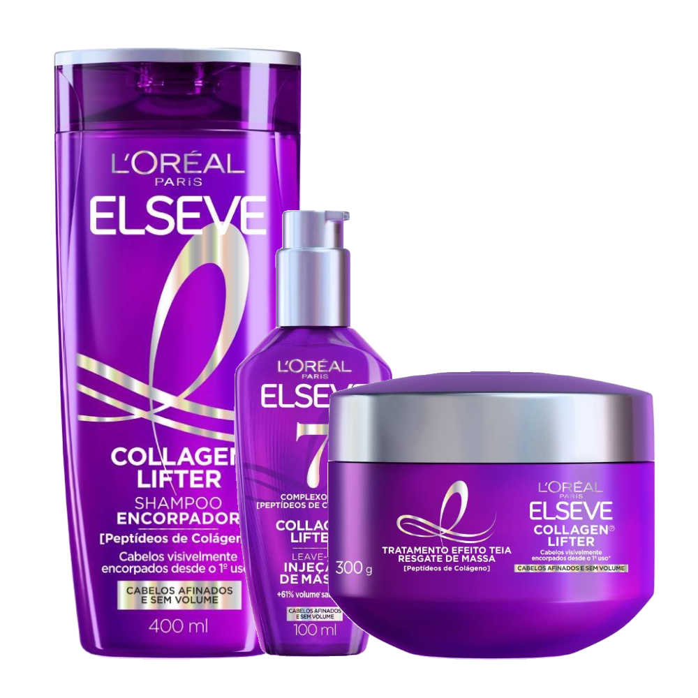 Kit Elseve Shampoo Collagen Lifter 400ml + Sérum Capilar Leave In Collagen Lifter 100ml + Máscara De Tratamento Collagen Lifter 300g