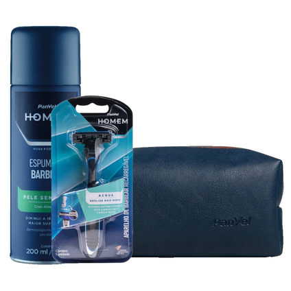 Kit Panvel Necéssaire Homem + Aparelho De Barbear 3 Lâminas Acqua Homem Com 1 Refil + Espuma Barbear Pele Sensível 200Ml