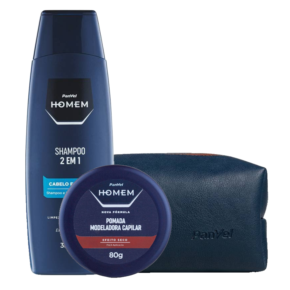 Kit Panvel Shampoo 2x1 Homem 350ml + Necéssaire Homem + Pomada Modeladora Capilar Homem 80g