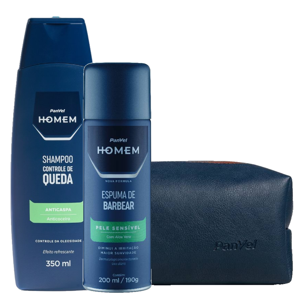 Kit Panvel Shampoo Anticaspa Homem 350ml + Necéssaire Homem + Espuma Barbear Pele Sensível 200ml