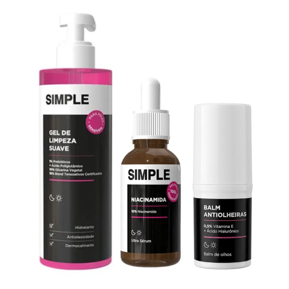 Kit Simple Balm Antiolheiras Stick 12g + Gel De Limpeza Facial Suave 350g + Sérum Facial Niacinamida 30ml