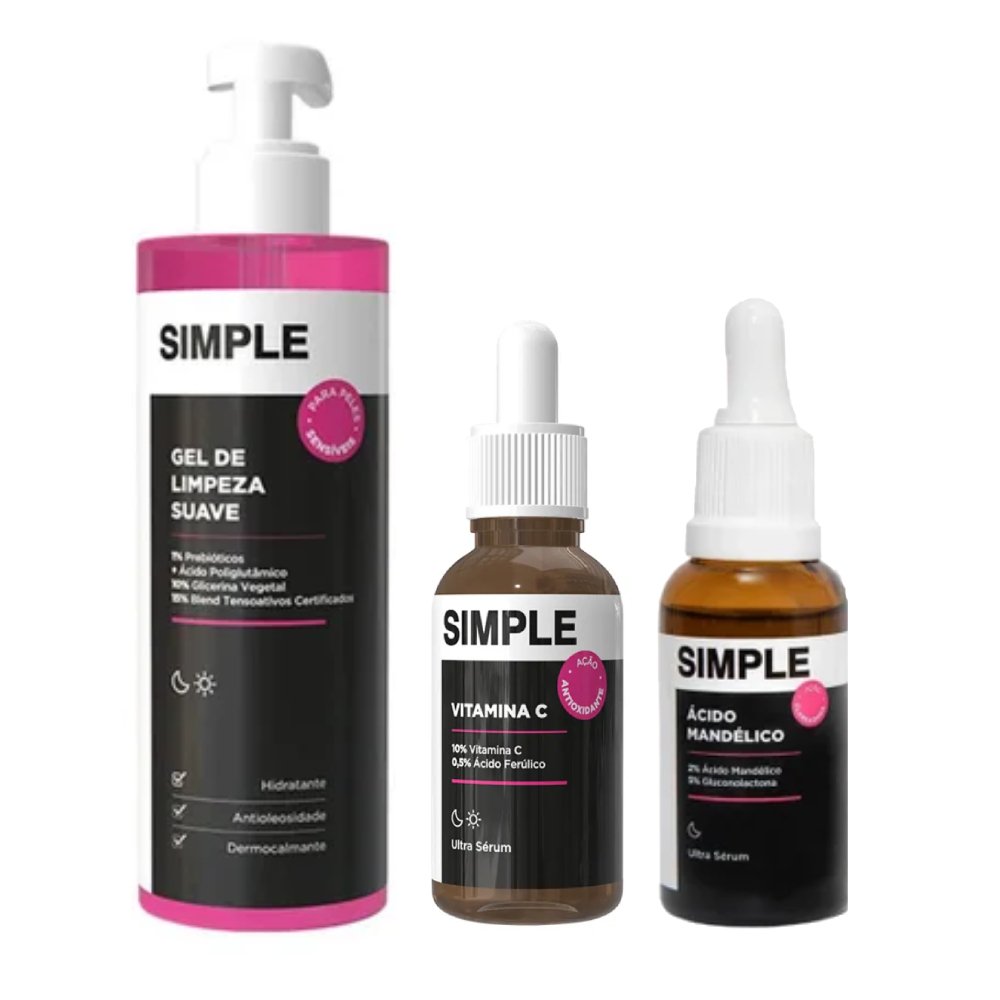 Kit Simple Sérum Facial Vitamina C 30ml + Gel De Limpeza Facial Suave 350g + Sérum Facial Ácido Mandélico 30ml