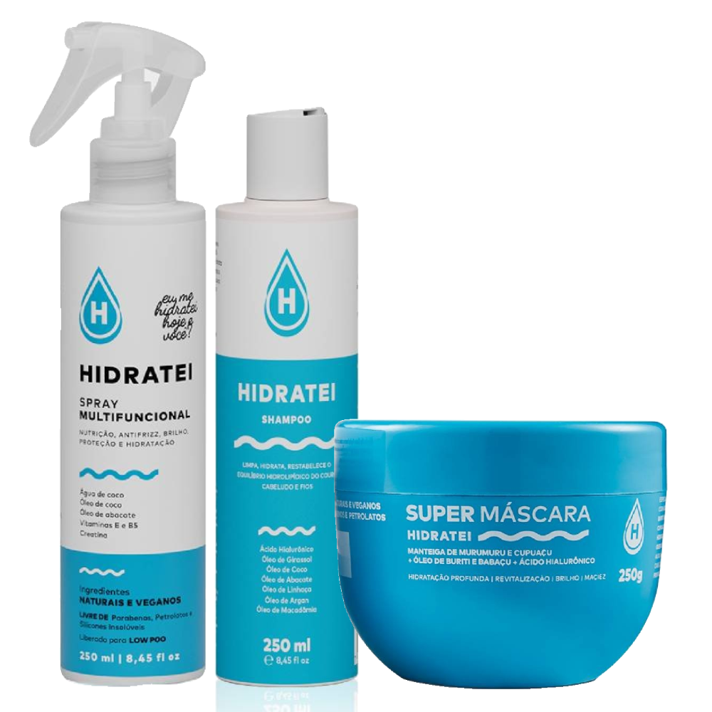 Kit Hidratei Spray Capilar Multifuncional 250ml + Máscara De Tratamento Capilar Super 250g + Shampoo Hidratante 250ml
