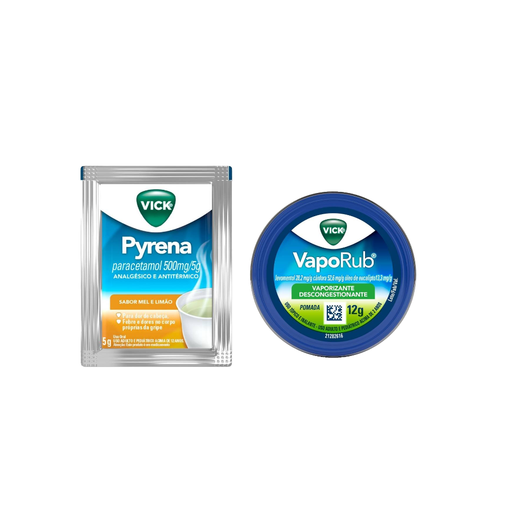 Kit Vick Chá Para Gripe Pyrena Sabor Mel E Limão 5g + Vaporub Pomada Para Gripe, Congestão Nasal E Tosse 12g