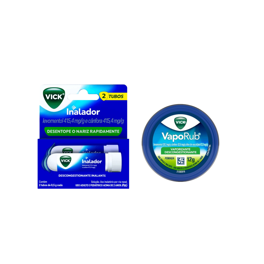 Kit Vick Inalador Descongestionante Nasal 2 Unidades 0,5g + Vaporub Pomada Para Gripe, Congestão Nasal E Tosse 12g