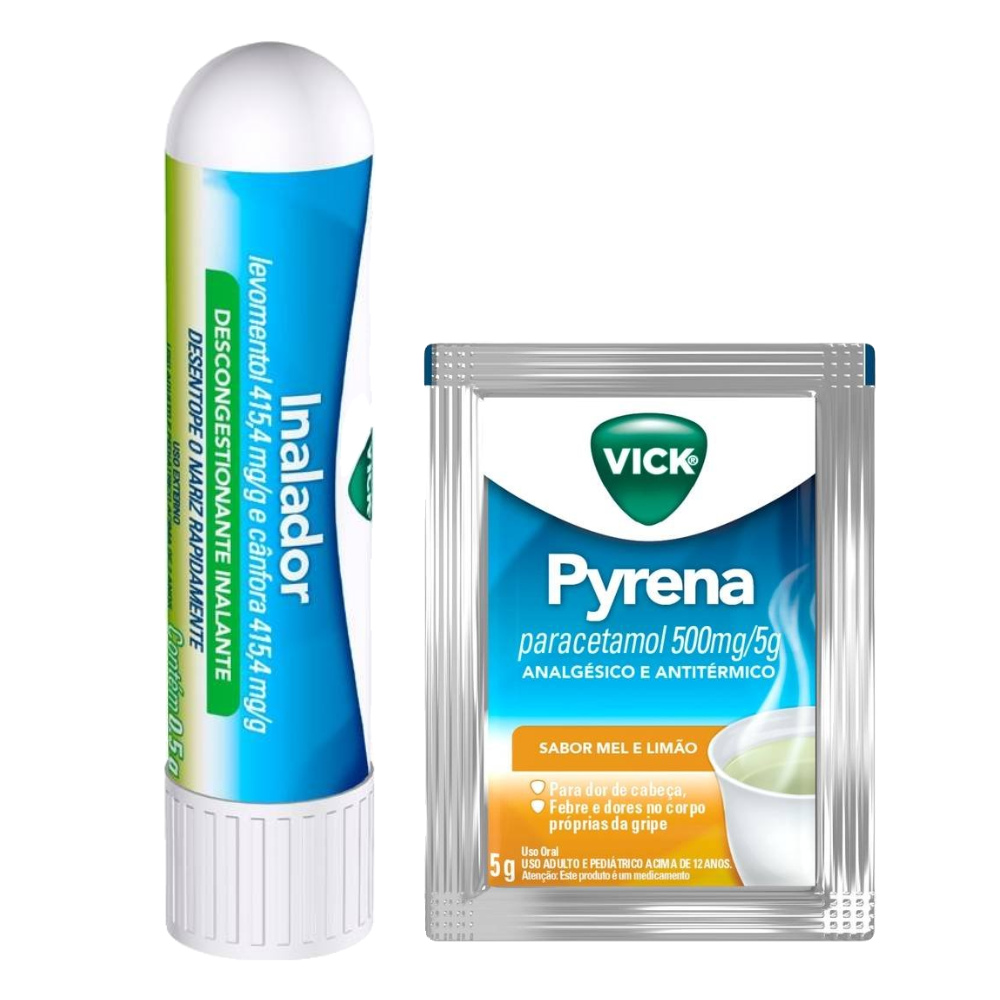 Kit Vick Chá Para Gripe Pyrena Sabor Mel E Limão 5g + Inalador Descongestionante Nasal 1 Unidade 0,5g