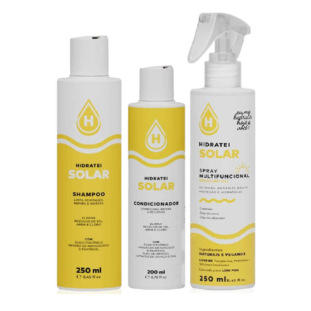 Kit Hidratei Shampoo Solar 250ml + Condicionador 200ml + Spray Capilar Multifuncional 250ml