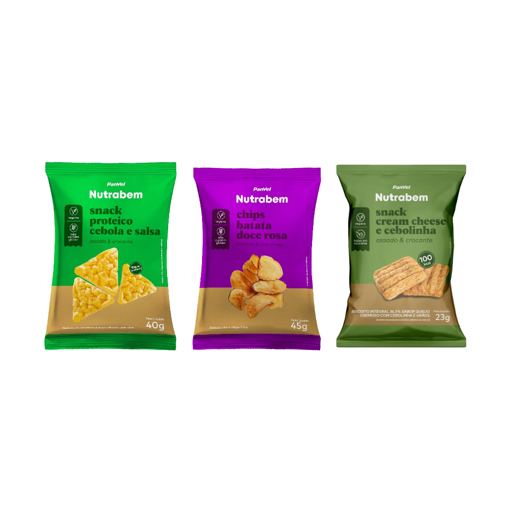 Kit Panvel Snack Integral Cream Cheese E Cebolinha 23g + Chips Batata Doce Nutrabem 45g + Snack Proteico Cebola E Salsa Nutrabem 40g