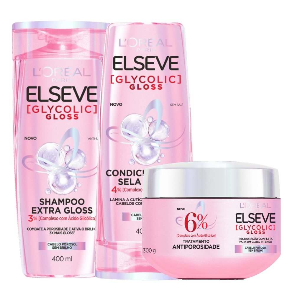 Kit Elseve Creme De Tratamento L'oreal Paris Glycolic Gloss 300g + Condicionador 400ml + Shampoo 400ml