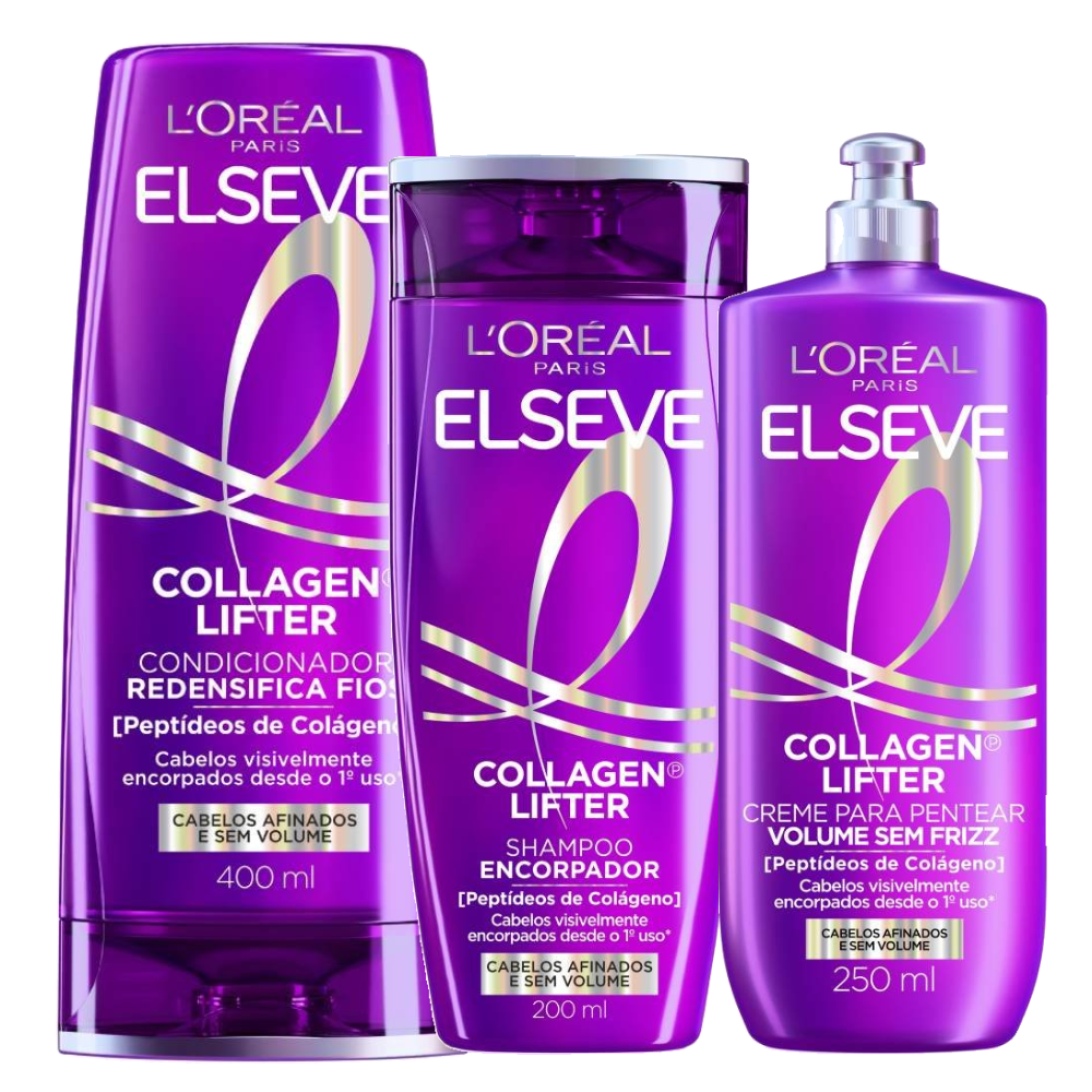 Kit Elseve Creme Para Pentear Collagen Lifter 250ml + Condicionador 400ml + Shampoo 200ml