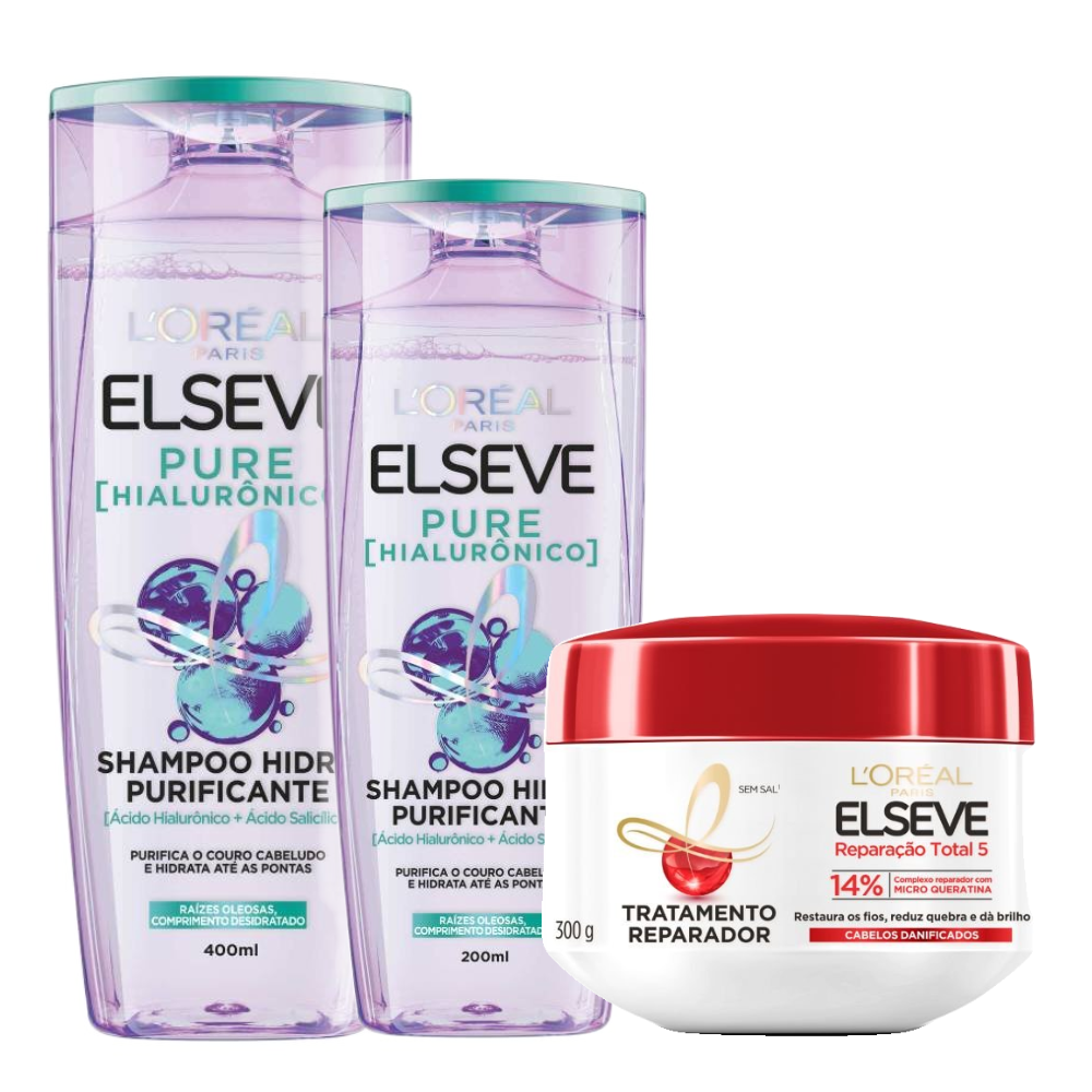 Kit Elseve Shampoo Pure Hialurônico 200ml + Creme De Tratamento 300g + Shampoo 400ml