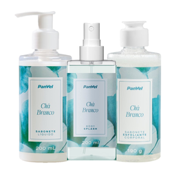 Kit Panvel Body Splash Desodorante Corporal Chá Branco 200ml + Sabonete Esfoliante Chá Branco 190g + Sabonete Líquido Chá Branco 200ml