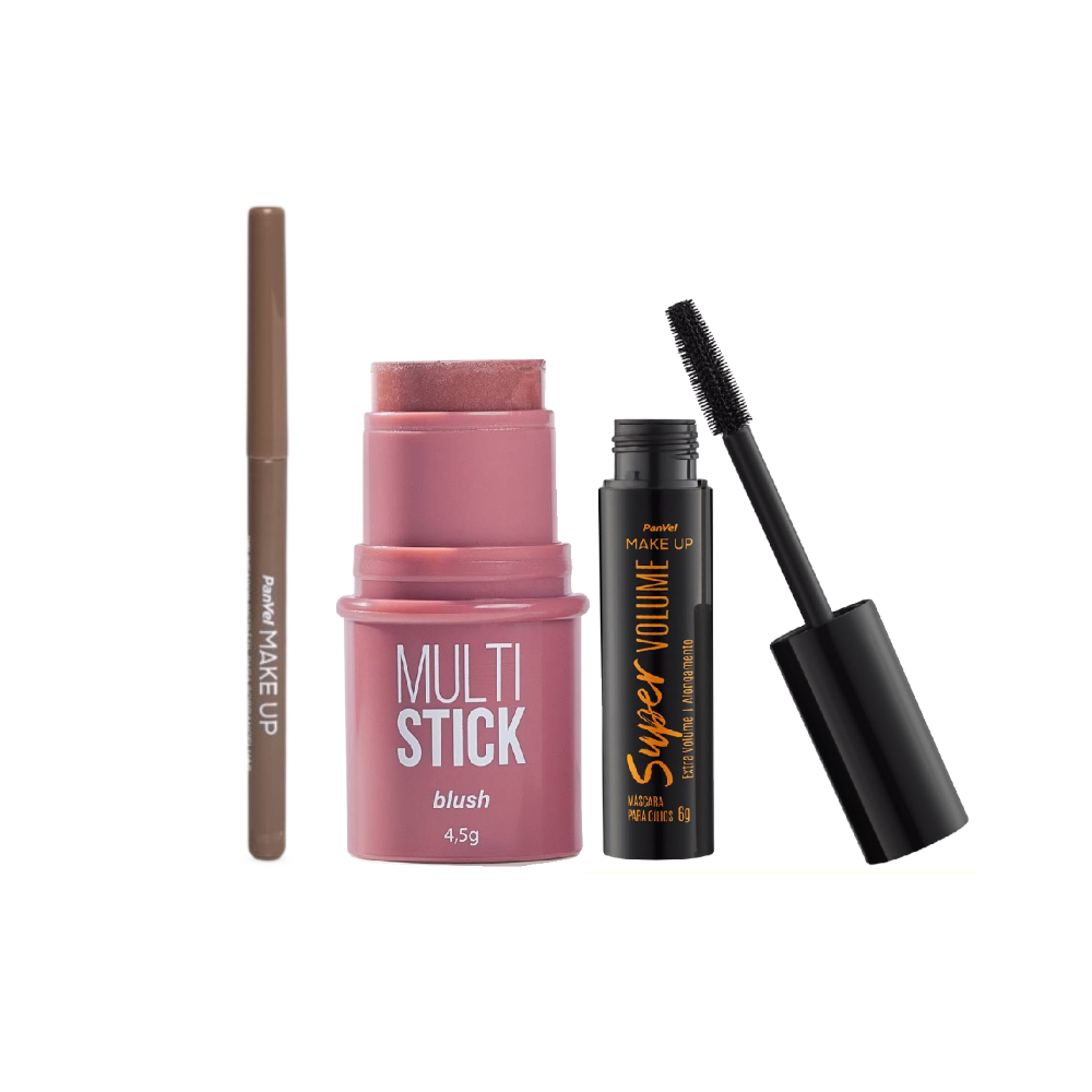 Kit Panvel Make Up Blush Multi Stick Rose + Máscara De Cílios Super Volume + Delineador Retrátil Para Sobrancelhas