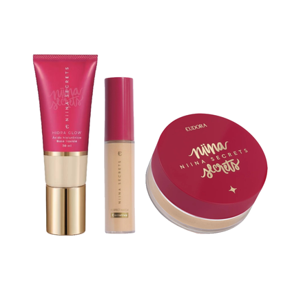 Kit Niina Secrets Corretivo Líquido Perfect Match Cor 5 + Pó Solto Facial Perfect Match Cor 2 + Base Líquida Hydra Glow Cor 00