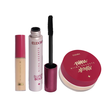 Kit Niina Secrets Corretivo Líquido Perfect Match Cor 5 + Pó Solto Facial Perfect Match Cor 1 + Máscara De Cílios Super Bold