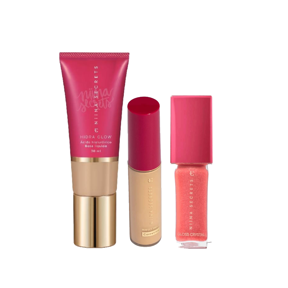 Kit Niina Secrets Corretivo Líquido Perfect Match Cor 10 + Gloss Labial Crystal Rubi + Base Líquida Hydra Glow Cor 13