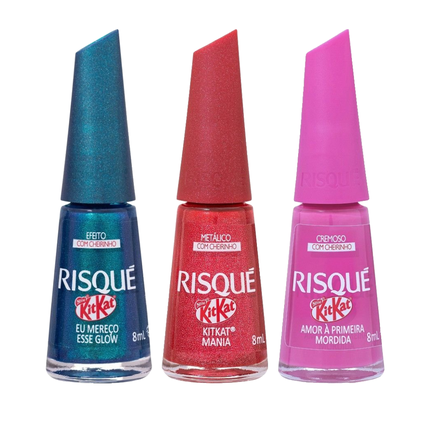 Kit Risqué Esmalte Kitkat Metálico Mania 8Ml + Esmalte Kitkat Eu Mereço Esse Glow 8Ml + Esmalte Kitkat Cremoso Amor À Primeira Mordida 8Ml