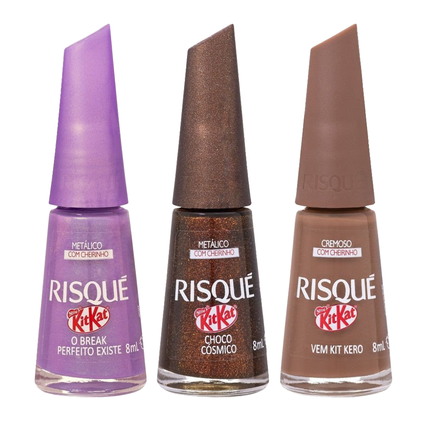 Kit Risqué Esmalte Kitkat Metálico Choco Cósmico 8Ml + Esmalte Kitkat Cremoso Vem Kit Kero 8Ml + Esmalte Kitkat Metálico O Break Perfeito Existe 8Ml