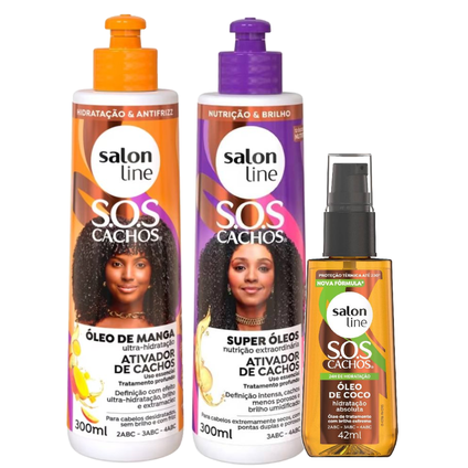Kit Salon Line Óleo Capilar Sos Cachos Óleo De Coco 42Ml + Ativador De Cachos S.O.S Cachos Oleo De Manga 300Ml + Ativador De Cachos Sos Super Óleos Nutritivos 300Ml