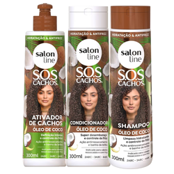 Kit Salon Line Ativador De Cachos Sos Cachos Coco 300ml + Shampoo 300ml + Condicionador 300ml