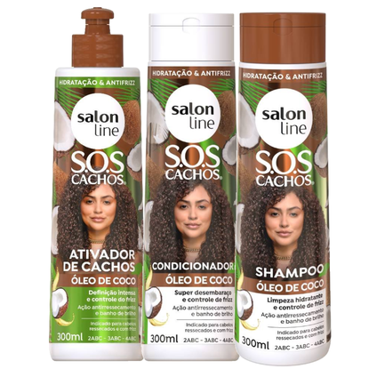 Kit Salon Line Ativador De Cachos Sos Cachos Coco 300Ml + Shampoo 300Ml + Condicionador 300Ml