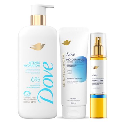 Kit Dove Sabonete Líquido Corporal Intense Hydration 547Ml + Óleo Sérum Em Spray 150Ml + Sérum Hidratante Pró Ceramidas + Dermo 180Ml
