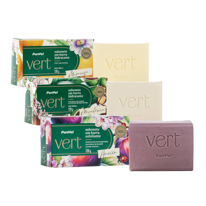 Kit Panvel Sabonete Em Barra Vert Maracujá 120g + Macadâmia 120g + Esfoliante Vert Ameixa 120g