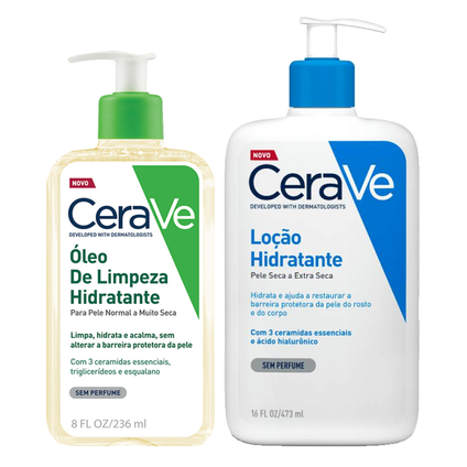 Kit Cerave Óleo De Limpeza Facial Hidratante 236Ml + Hidratante Corporal Loção Ácido Hialurônico Ceramidas Para Pele Seca 473Ml