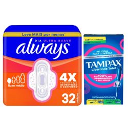 Kit Absorvente Always Dia Ultra Suave Com Abas Fluxo Médio 32 Unidades Grátis Absorvente Interno Tampax Fluxo Moderado + Intenso 8 Unidades 