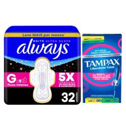 Kit Absorvente Always Noite Ultra Suave Com Abas Fluxo Intenso 32 Unidades Grátis Absorvente Interno Tampax Fluxo Moderado + Intenso 8 Unidades