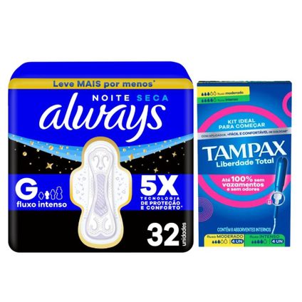 Kit Absorvente Always Noite Seca Com Abas 32 Unidades Grátis Absorvente Interno Tampax Fluxo Moderado + Intenso 8 Unidades