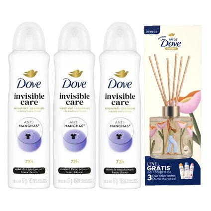 Kit Dove Desodorante Antitranspirante Aerosol Invisible Care 150ml 3 Unidades + Grátis Difusor