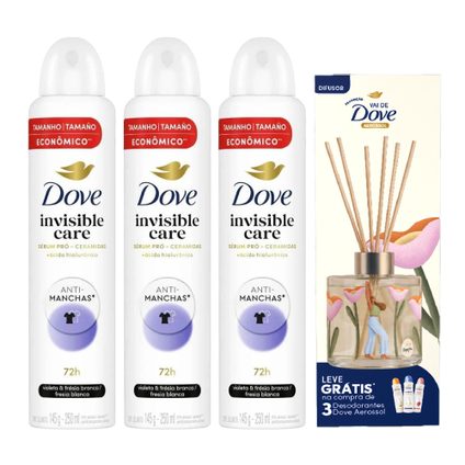 Kit Dove Desodorante Antitranspirante Aerosol Invisible Care 48h 250ml 3 Unidades + Grátis Difusor