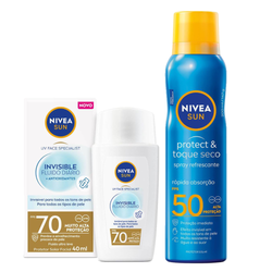 Kit Nivea Protetor Solar Facial Sun Fluido Uv Face Specialist Invisible Fps70 40ml + Protetor Solar Spray Aerosol Sun Protect Toque Seco Fps50 200ml