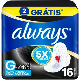 ABSORVENTE ALWAYS NOTURNO TAMANHO G SECA COM ABAS PACOTE 16 UNIDADES
