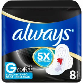 ABSORVENTE ALWAYS NOTURNO TAMANHO G SECA COM ABAS 8 UNIDADES